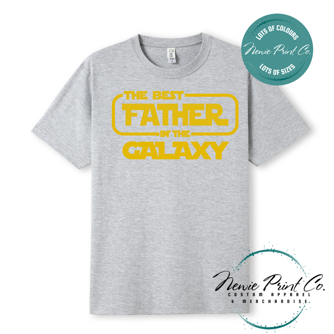 Funny t-shirt and jumper with the text “Best Father in the Galaxy customizable Humorous Star Wars-inspired quote printed on 100% cotton apparel using high-quality DTF/DTG print. Perfect gift for dads, Father’s Day.