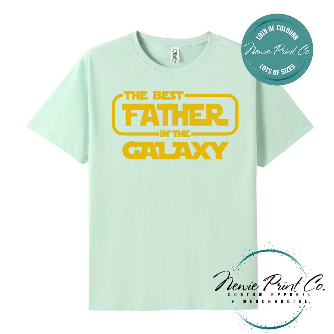 Funny t-shirt and jumper with the text “Best Father in the Galaxy customizable Humorous Star Wars-inspired quote printed on 100% cotton apparel using high-quality DTF/DTG print. Perfect gift for dads, Father’s Day.