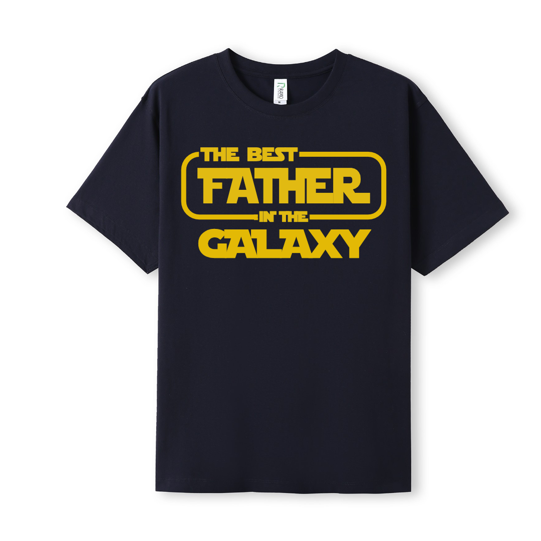 Funny t-shirt and jumper with the text “Best Father in the Galaxy customizable Humorous Star Wars-inspired quote printed on 100% cotton apparel using high-quality DTF/DTG print. Perfect gift for dads, Father’s Day.