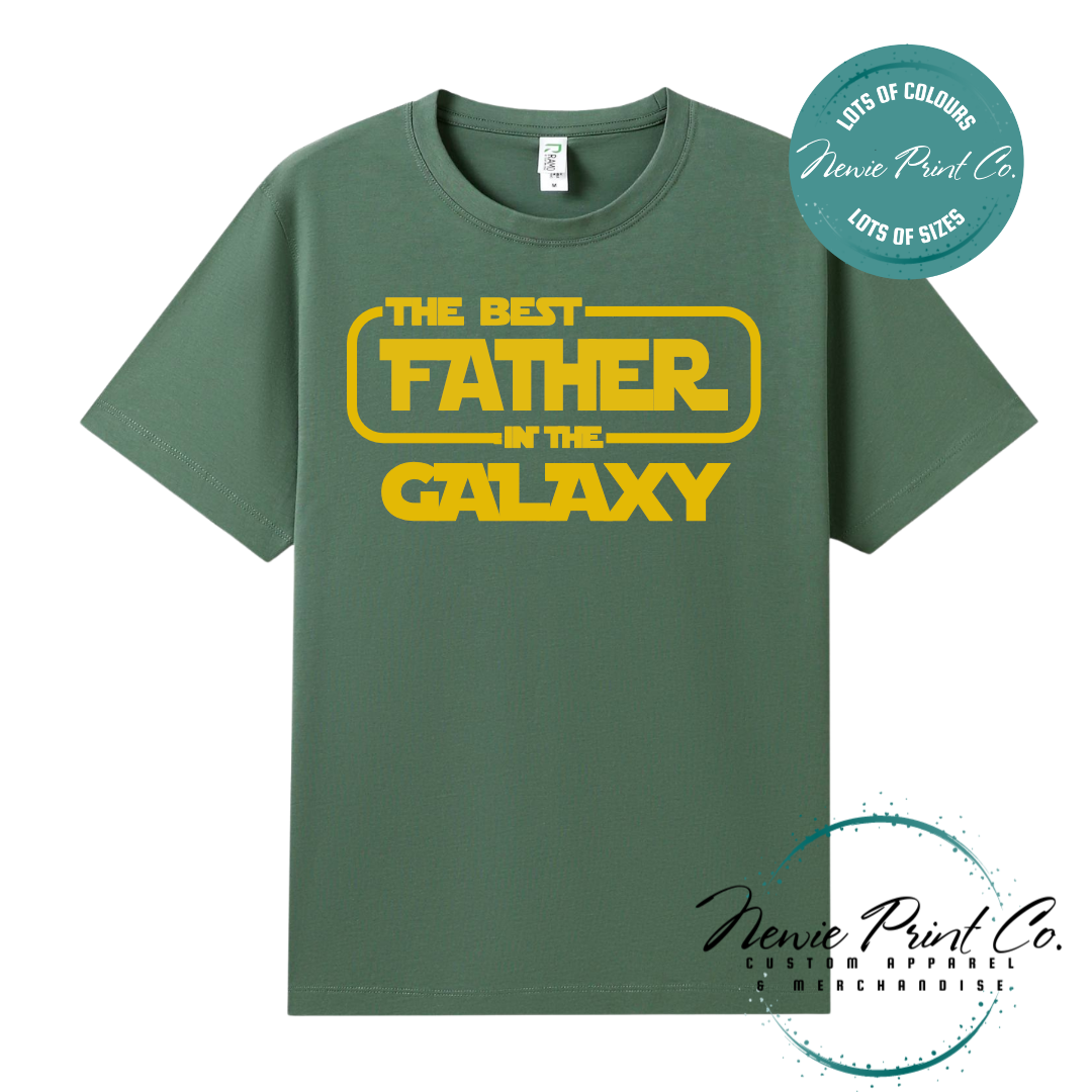 Funny t-shirt and jumper with the text “Best Father in the Galaxy customizable Humorous Star Wars-inspired quote printed on 100% cotton apparel using high-quality DTF/DTG print. Perfect gift for dads, Father’s Day.