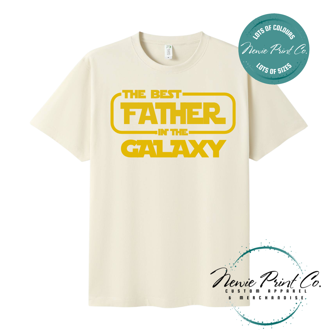 Funny t-shirt and jumper with the text “Best Father in the Galaxy customizable Humorous Star Wars-inspired quote printed on 100% cotton apparel using high-quality DTF/DTG print. Perfect gift for dads, Father’s Day.