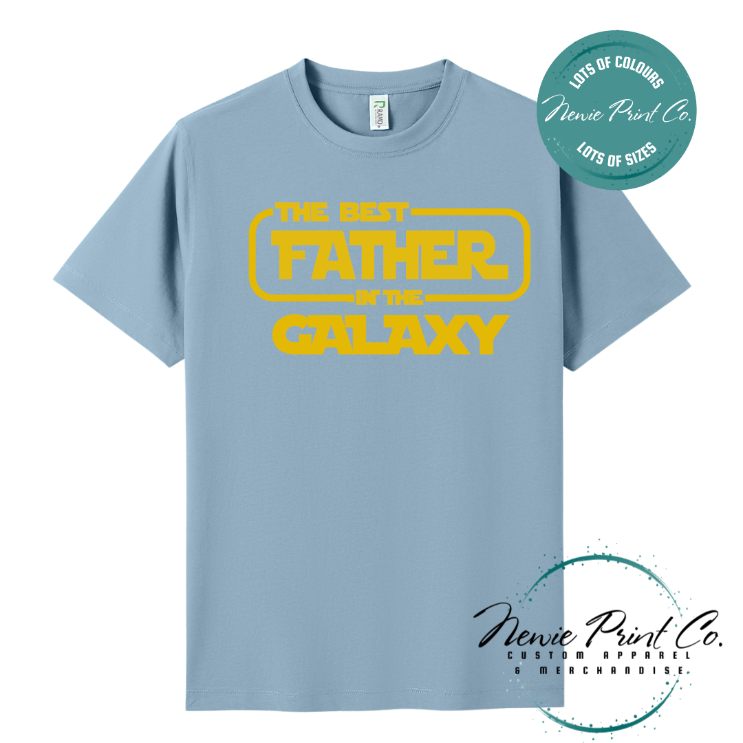 Funny t-shirt and jumper with the text “Best Father in the Galaxy customizable Humorous Star Wars-inspired quote printed on 100% cotton apparel using high-quality DTF/DTG print. Perfect gift for dads, Father’s Day.