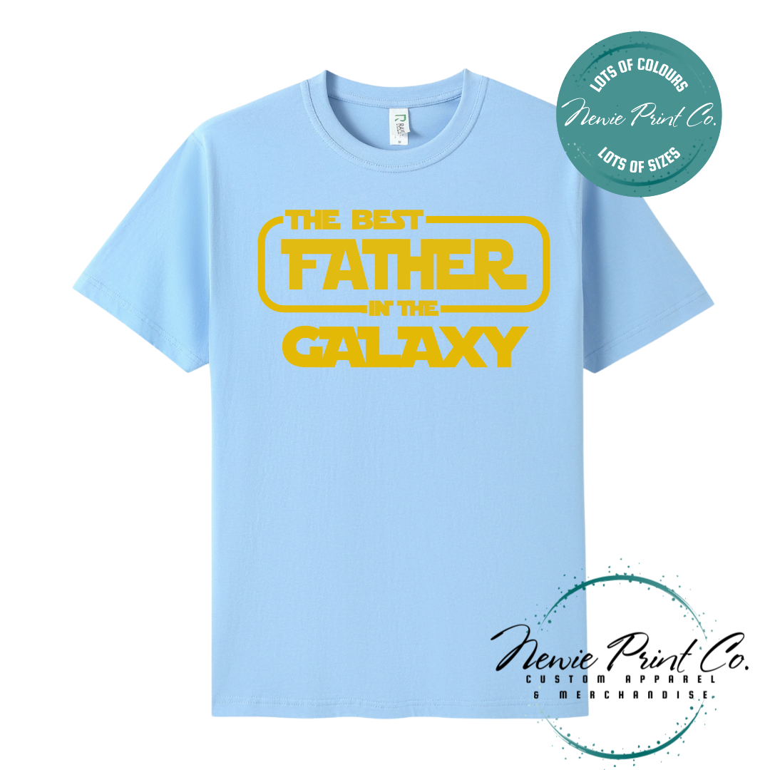 Funny t-shirt and jumper with the text “Best Father in the Galaxy customizable Humorous Star Wars-inspired quote printed on 100% cotton apparel using high-quality DTF/DTG print. Perfect gift for dads, Father’s Day.