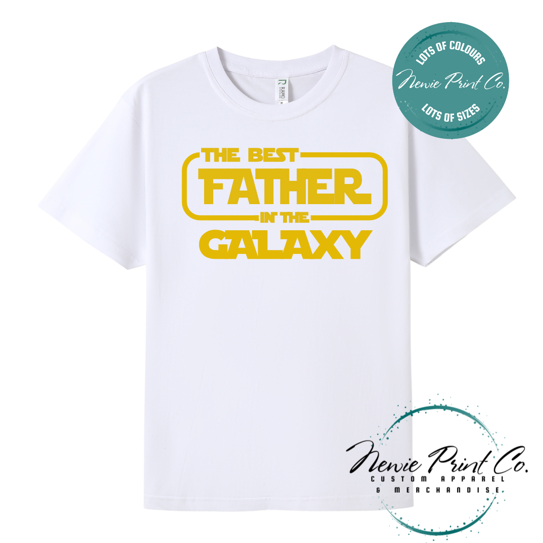 Funny t-shirt and jumper with the text “Best Father in the Galaxy customizable Humorous Star Wars-inspired quote printed on 100% cotton apparel using high-quality DTF/DTG print. Perfect gift for dads, Father’s Day.