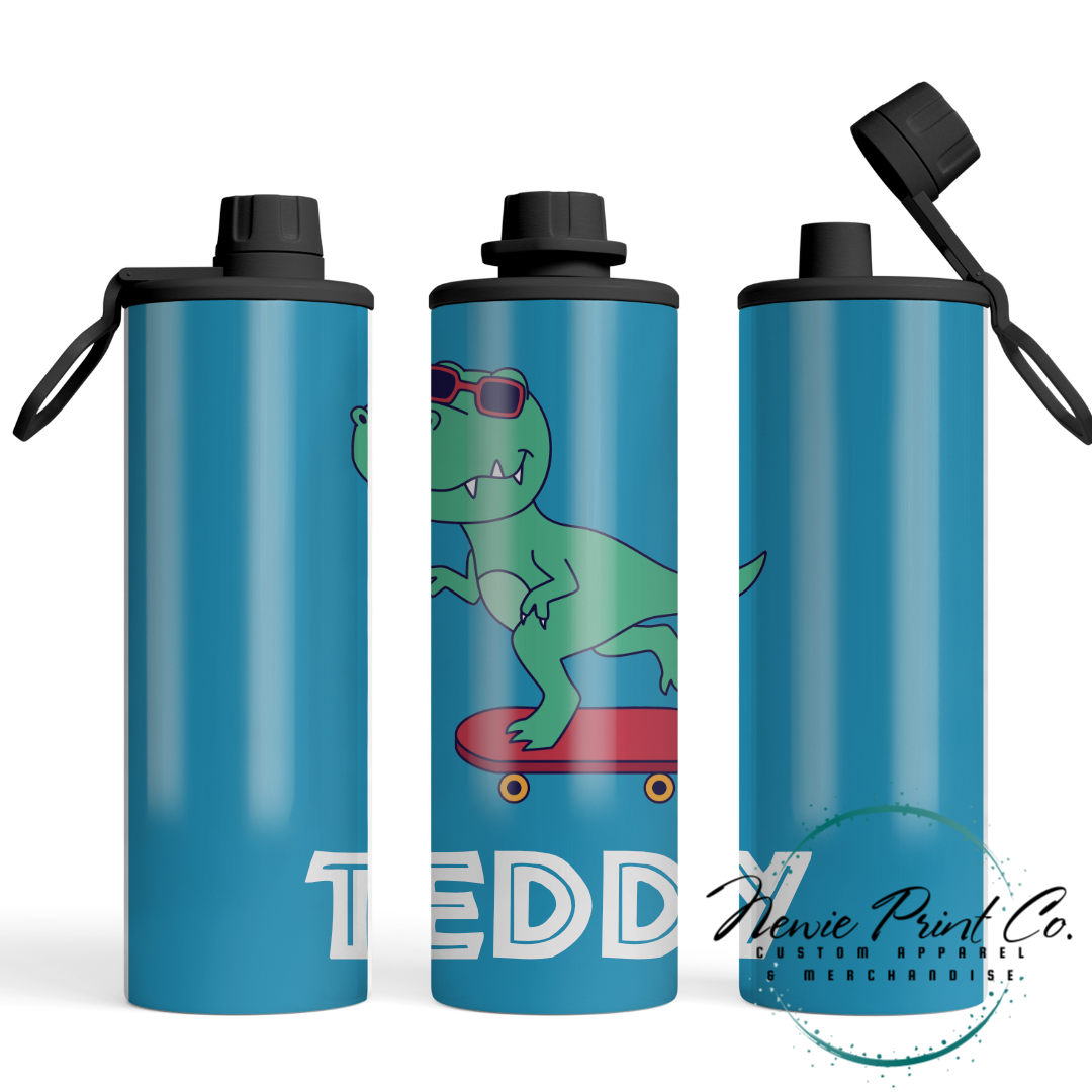 Dinosaur Riding Skateboard - Insulated 20oz Kids Flip Top Drink Bottles - Printed