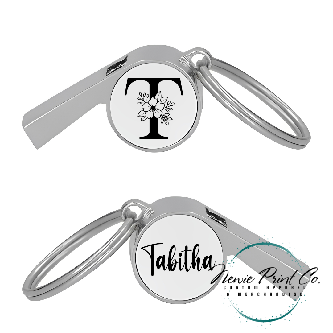 Custom printed whistle keyring gift for coach or teacher, personalised with name and team logo, displayed in gift box from Newie Print Co.