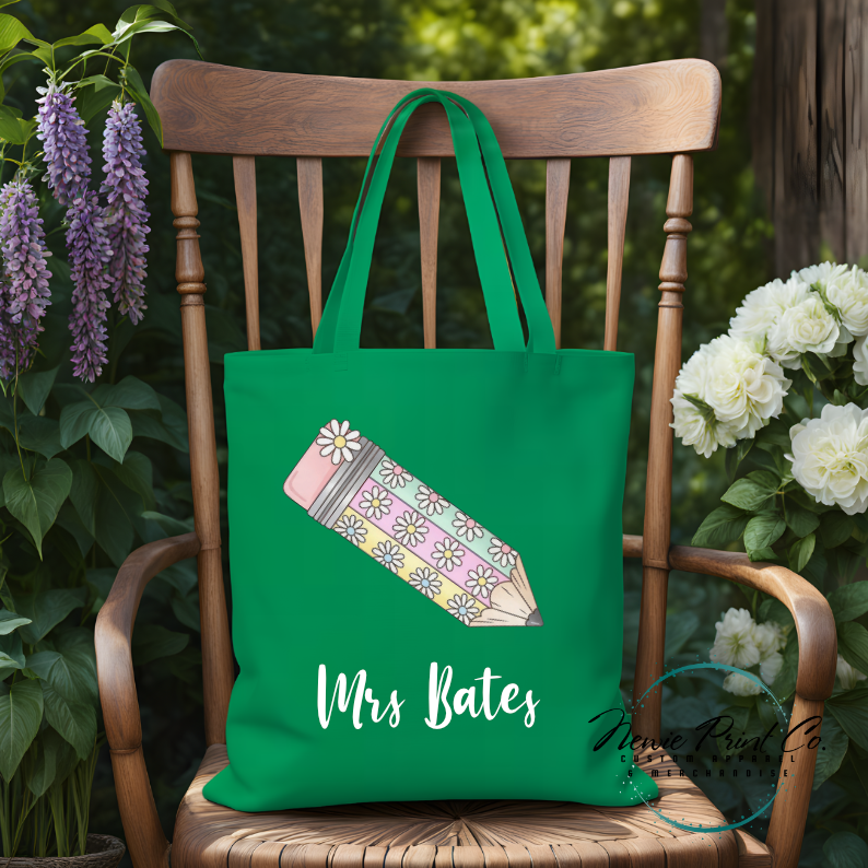 custom printed tote with floral pencil design for teachers