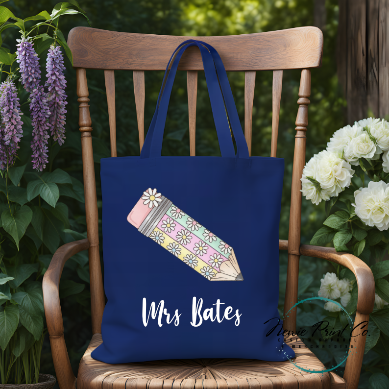 custom printed tote with floral pencil design for teachers