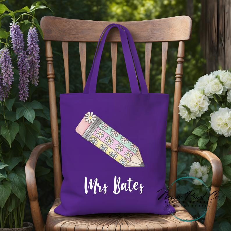 custom printed tote with floral pencil design for teachers