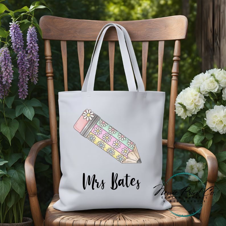 custom printed tote with floral pencil design for teachers