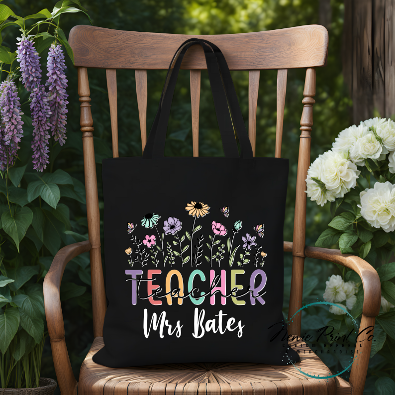 custom printed tote bag floral teacher image and teacher name
