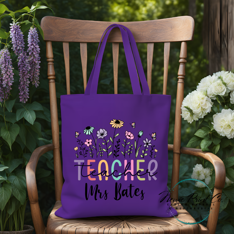 custom printed tote bag floral teacher image and teacher name