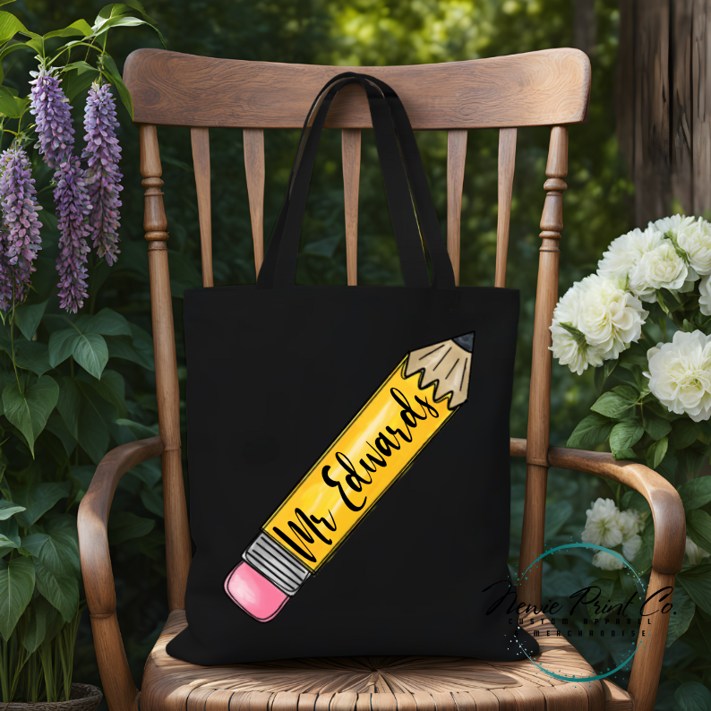 Custom printed tote bag with lead hb pencil design and teacher name