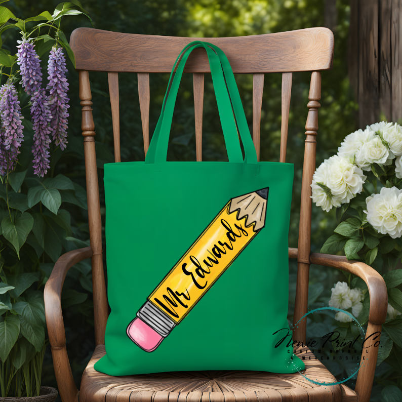 Custom printed tote bag with lead hb pencil design and teacher name