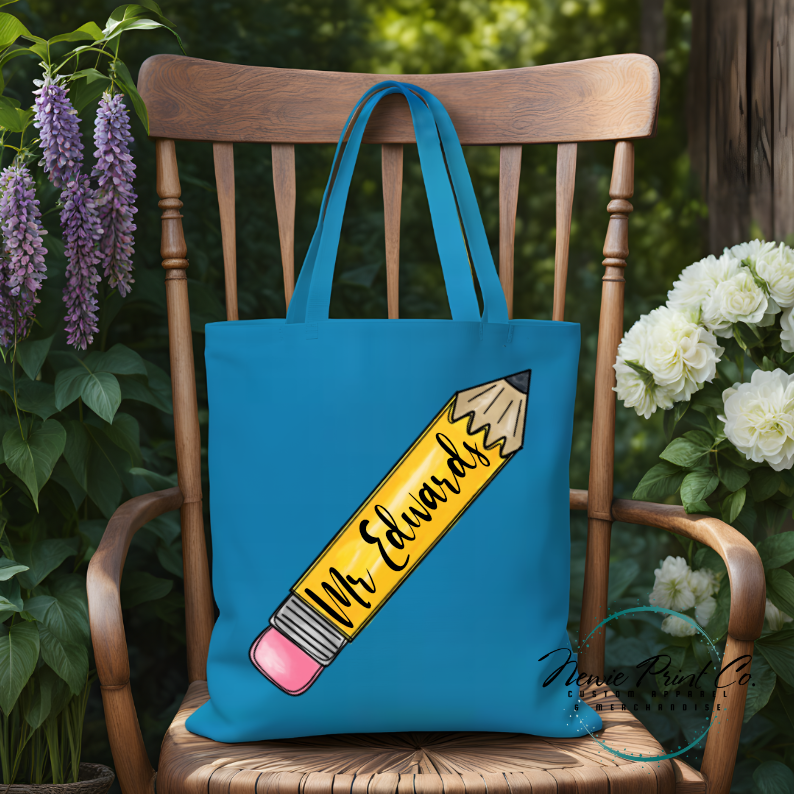 Custom printed tote bag with lead hb pencil design and teacher name