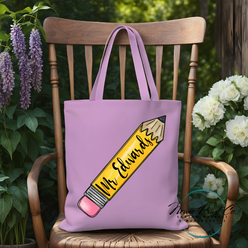 Custom printed tote bag with lead hb pencil design and teacher name