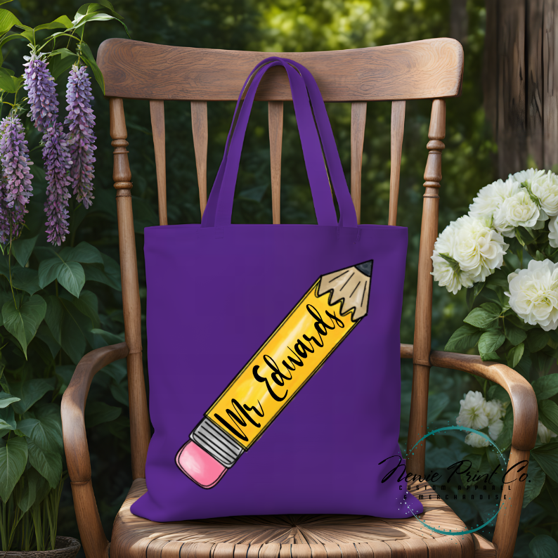 Custom printed tote bag with lead hb pencil design and teacher name