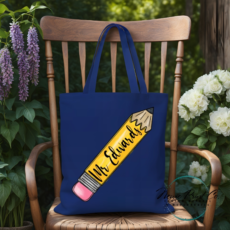 Custom printed tote bag with lead hb pencil design and teacher name