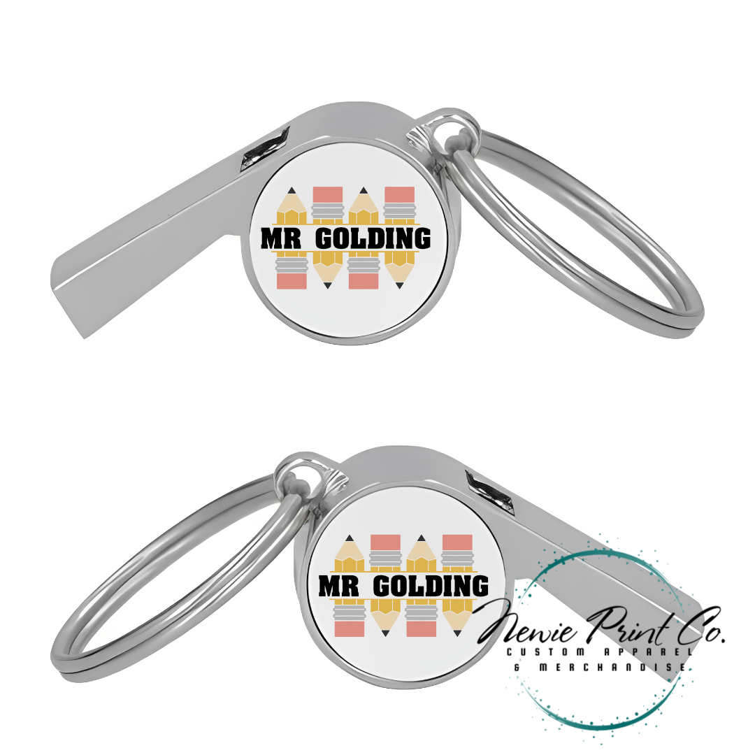 Custom printed whistle keyring gift for coach or teacher, personalised with name and team logo, displayed in gift box from Newie Print Co.