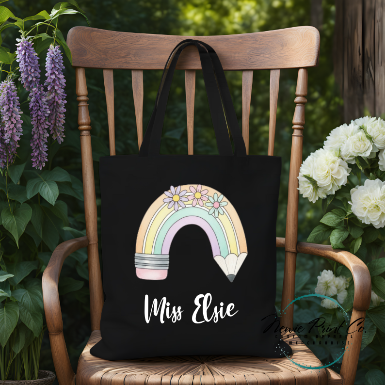 Custom printed tote with a pastel rainbow pencil and flowers teacher name or student name