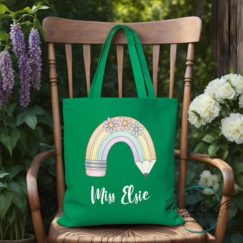 Custom printed tote with a pastel rainbow pencil and flowers teacher name or student name