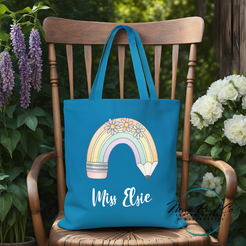 Custom printed tote with a pastel rainbow pencil and flowers teacher name or student name