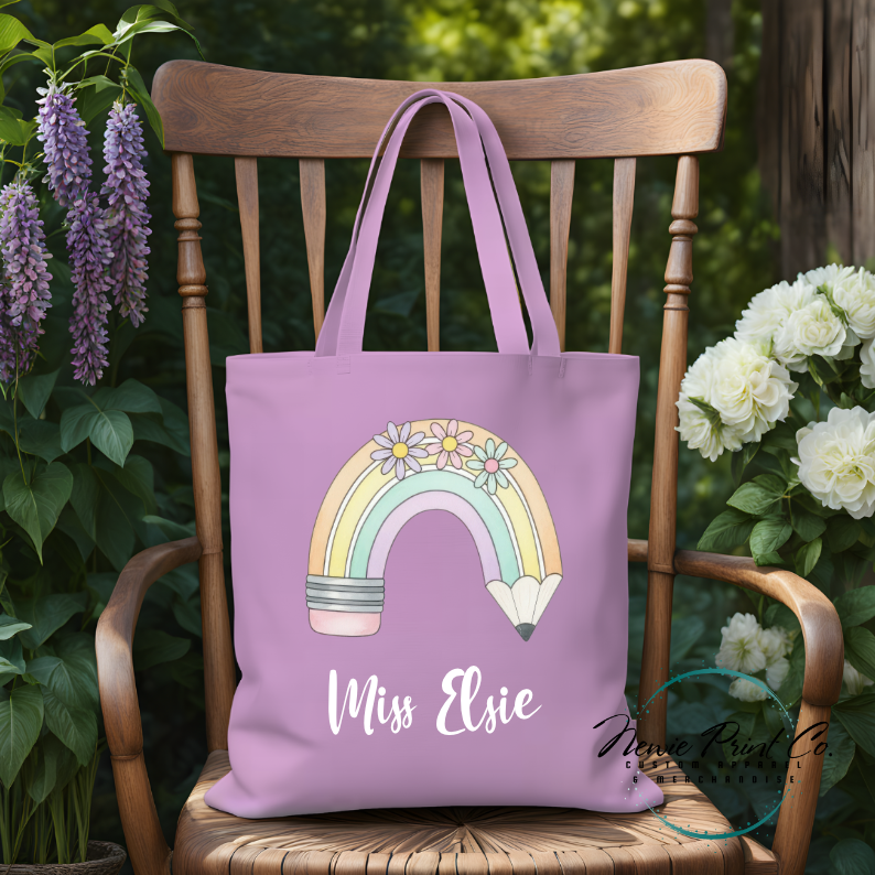 Custom printed tote with a pastel rainbow pencil and flowers teacher name or student name