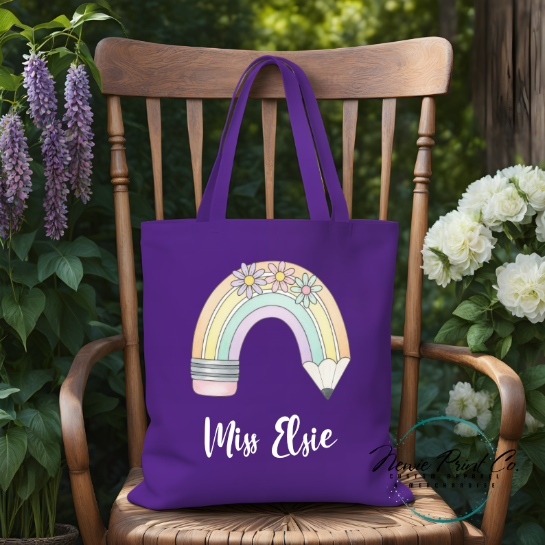 Custom printed tote with a pastel rainbow pencil and flowers teacher name or student name