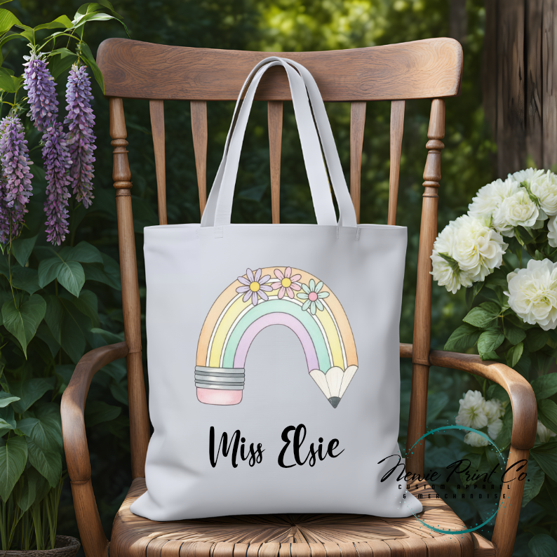Custom printed tote with a pastel rainbow pencil and flowers teacher name or student name