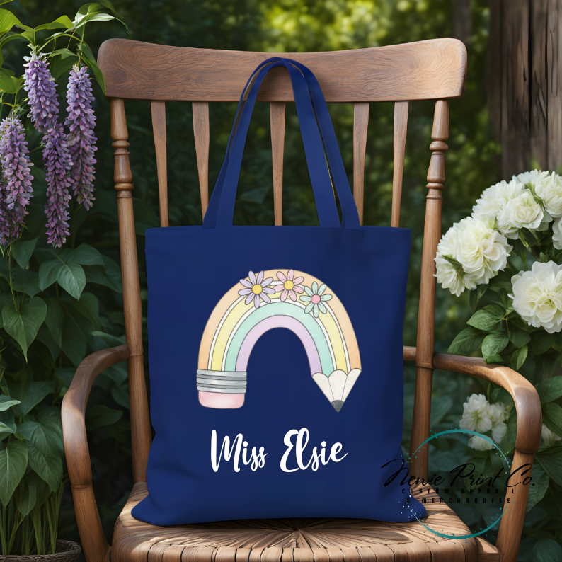 Custom printed tote with a pastel rainbow pencil and flowers teacher name or student name