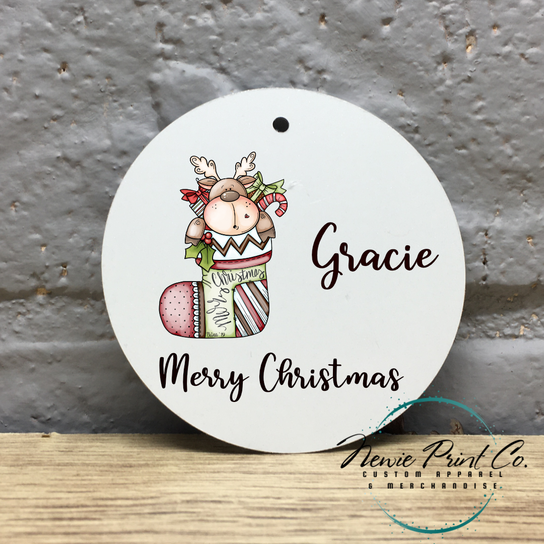 Personalised Ornament Christmas Reindeer in Stocking - Christmas Keepsake