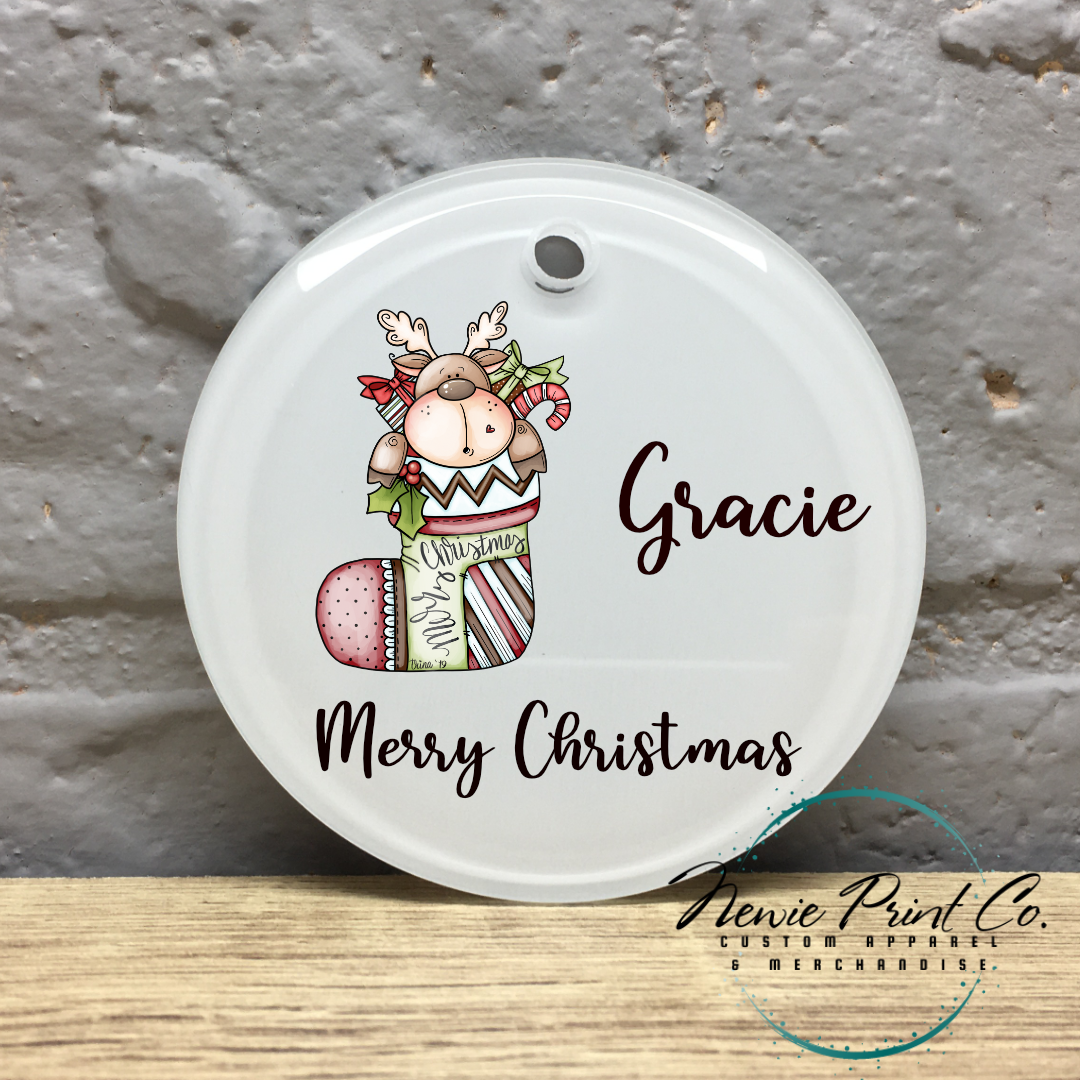 Personalised Ornament Christmas Reindeer in Stocking - Christmas Keepsake