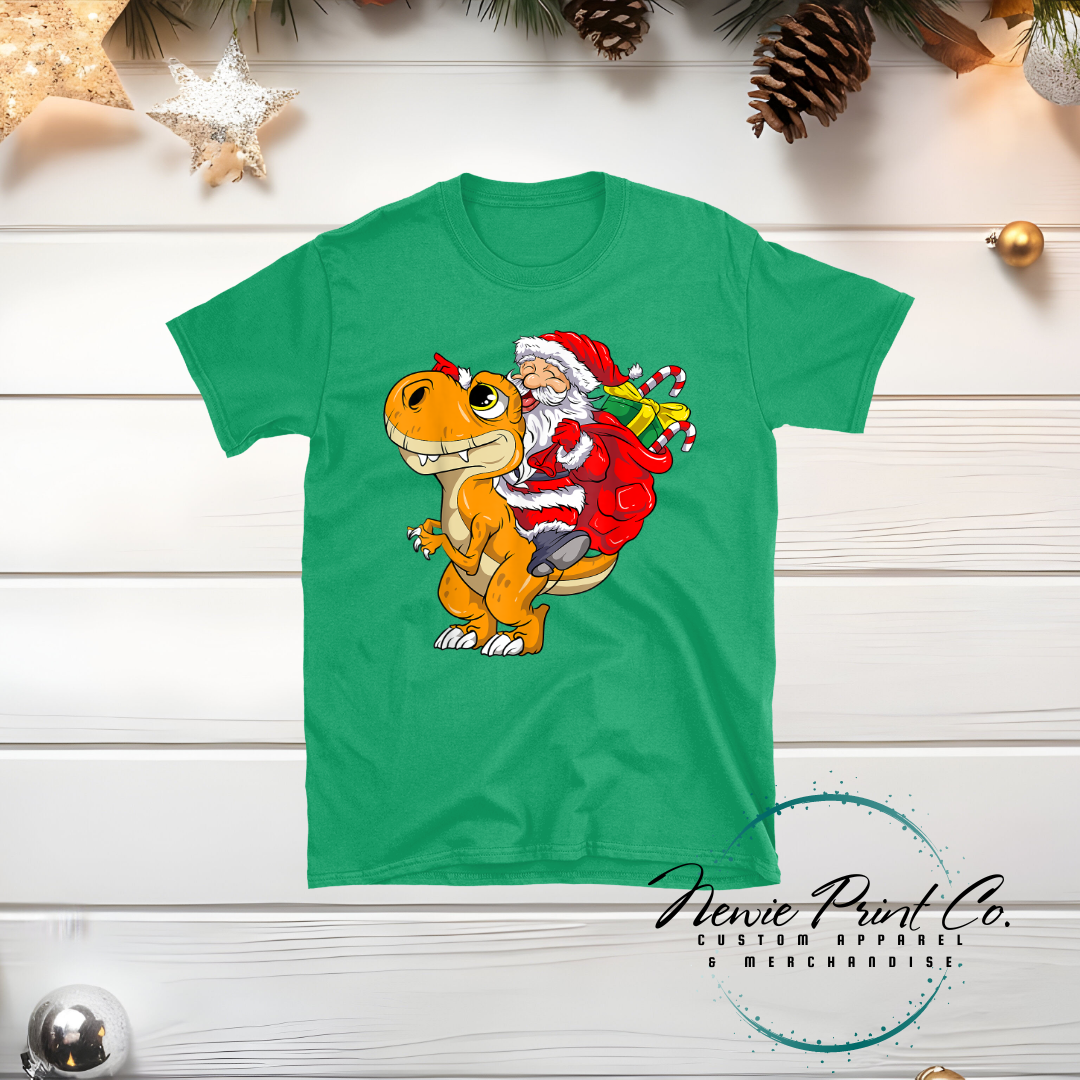 Santa riding Dino - Christmas T-shirt