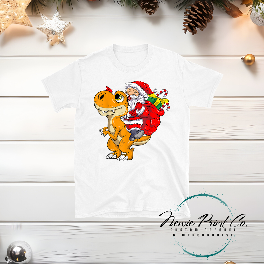 Santa riding Dino - Christmas T-shirt