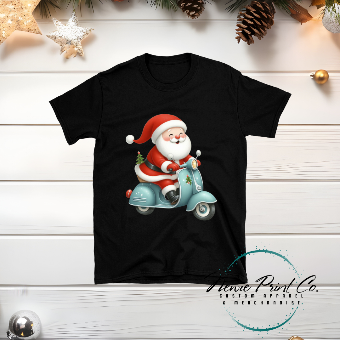 Santa Riding Blue Scooter - Christmas T-shirt