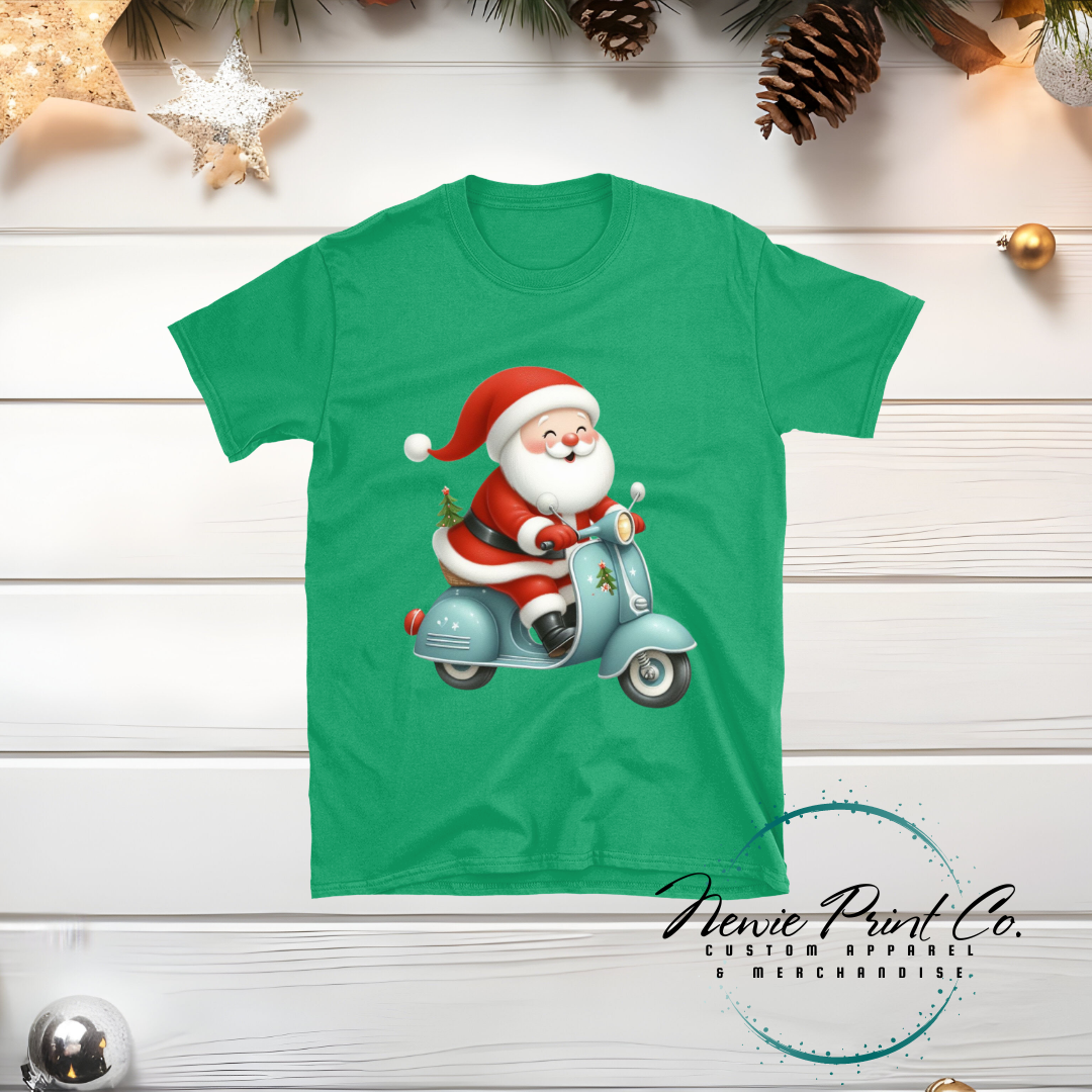 Santa Riding Blue Scooter - Christmas T-shirt