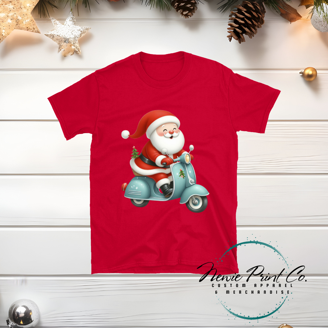 Santa Riding Blue Scooter - Christmas T-shirt