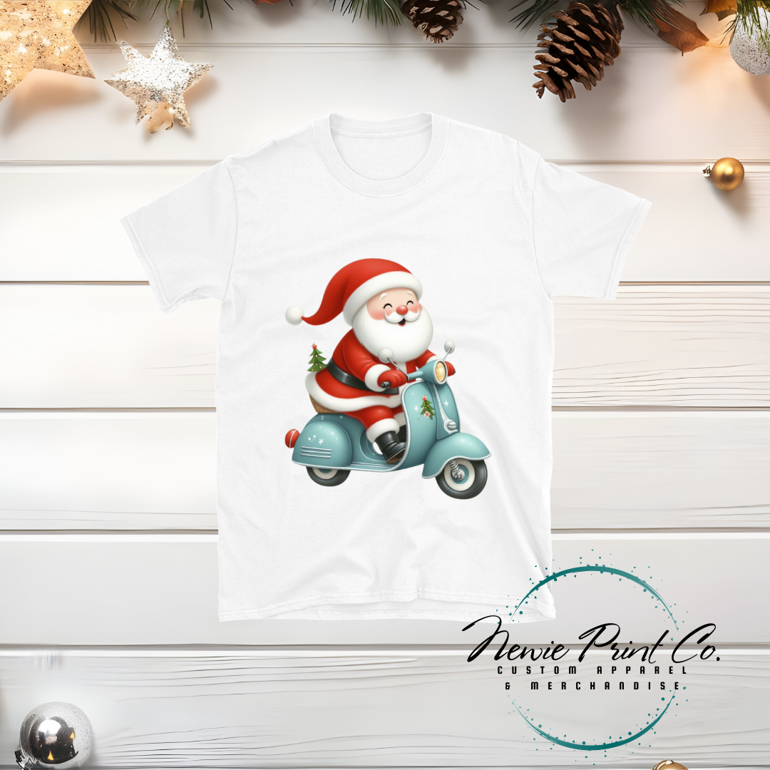 Santa Riding Blue Scooter - Christmas T-shirt
