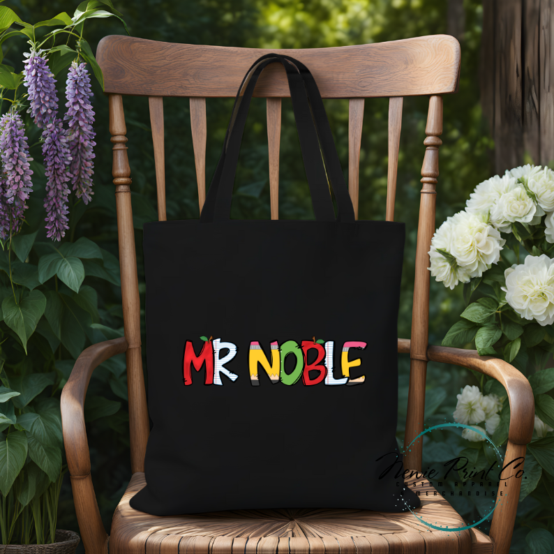 custom printed tote for teacher with school themed font
