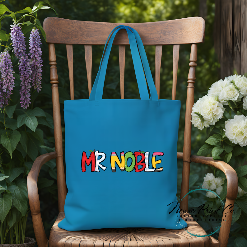 custom printed tote for teacher with school themed font
