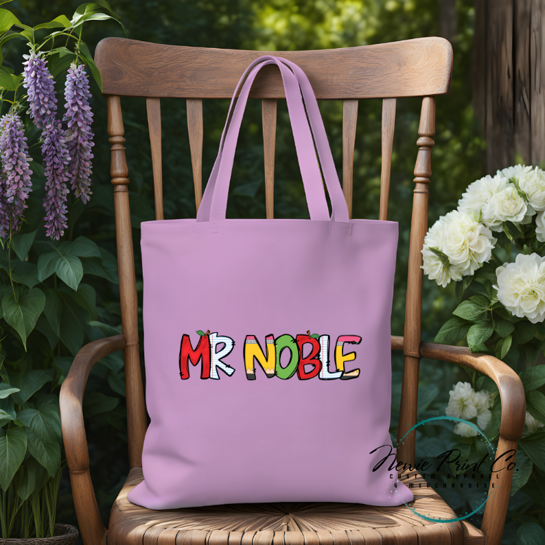 custom printed tote for teacher with school themed font