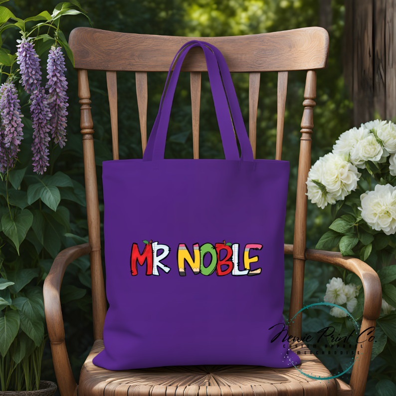 custom printed tote for teacher with school themed font