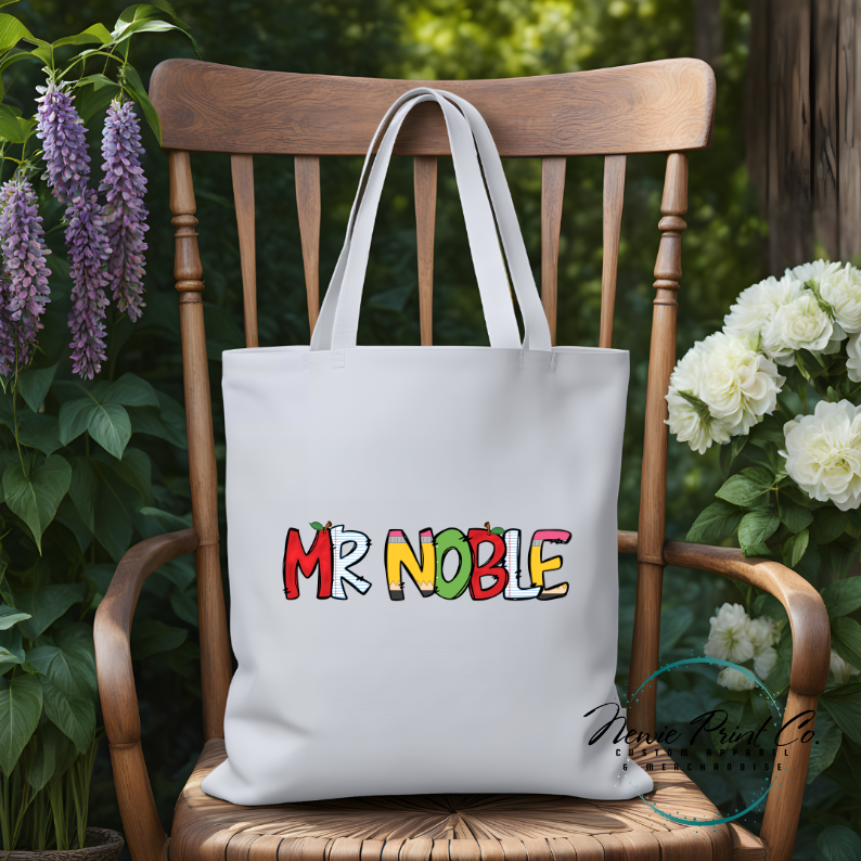 custom printed tote for teacher with school themed font