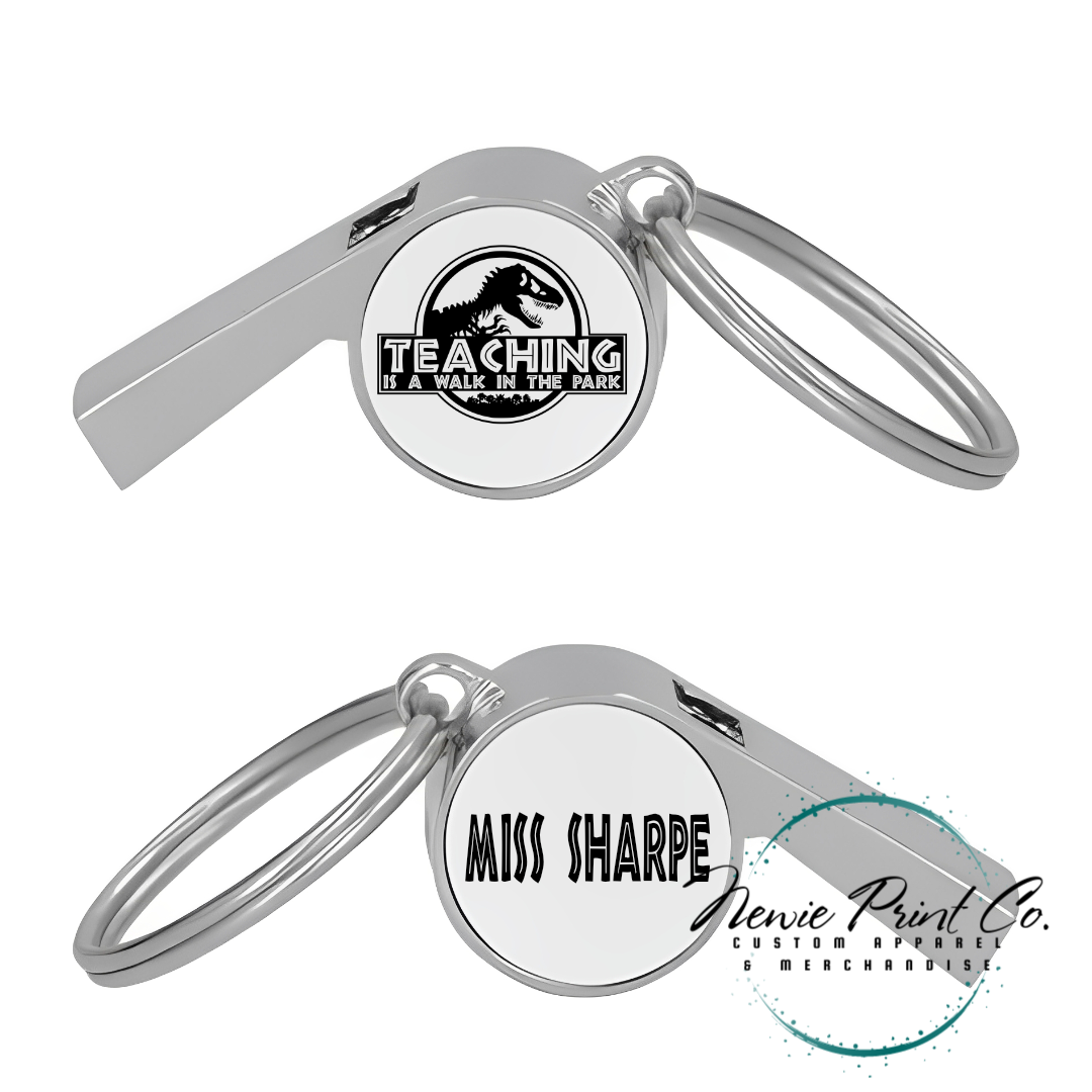 Custom printed whistle keyring gift for coach or teacher, personalised with name and team logo, displayed in gift box from Newie Print Co.