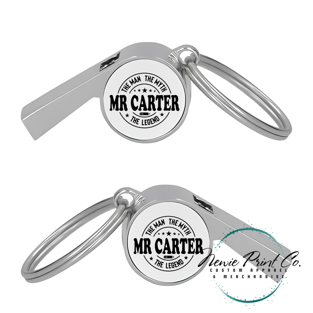 Custom printed whistle keyring gift for coach or teacher, personalised with name and team logo, displayed in gift box from Newie Print Co.