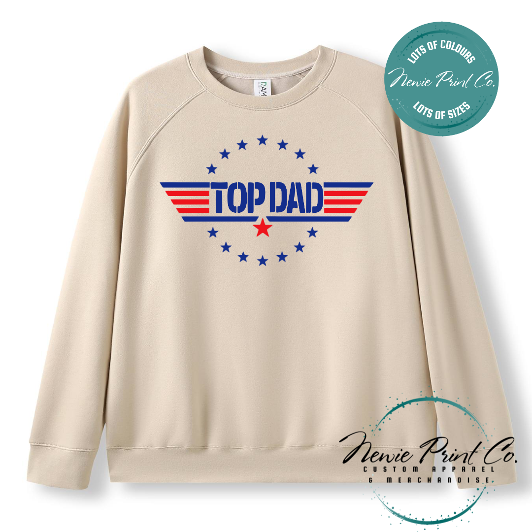 Customisable t-shirt and jumper with bold “Top Dad” text and optional personalised name or message. Printed on soft, high-quality cotton using durable DTF/DTG printing. Perfect gift for Father’s Day, birthdays, or new dads.