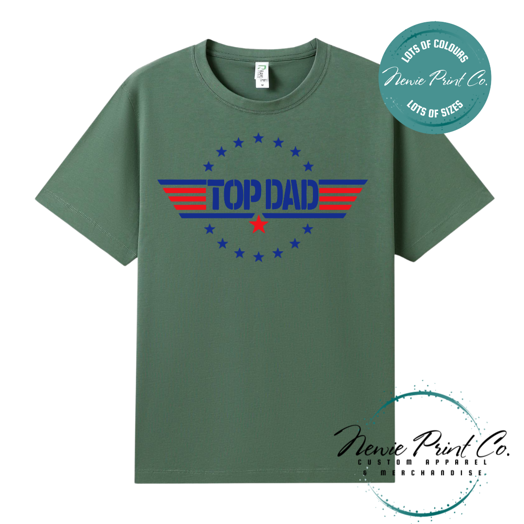 Customisable t-shirt and jumper with bold “Top Dad” text and optional personalised name or message. Printed on soft, high-quality cotton using durable DTF/DTG printing. Perfect gift for Father’s Day, birthdays, or new dads.