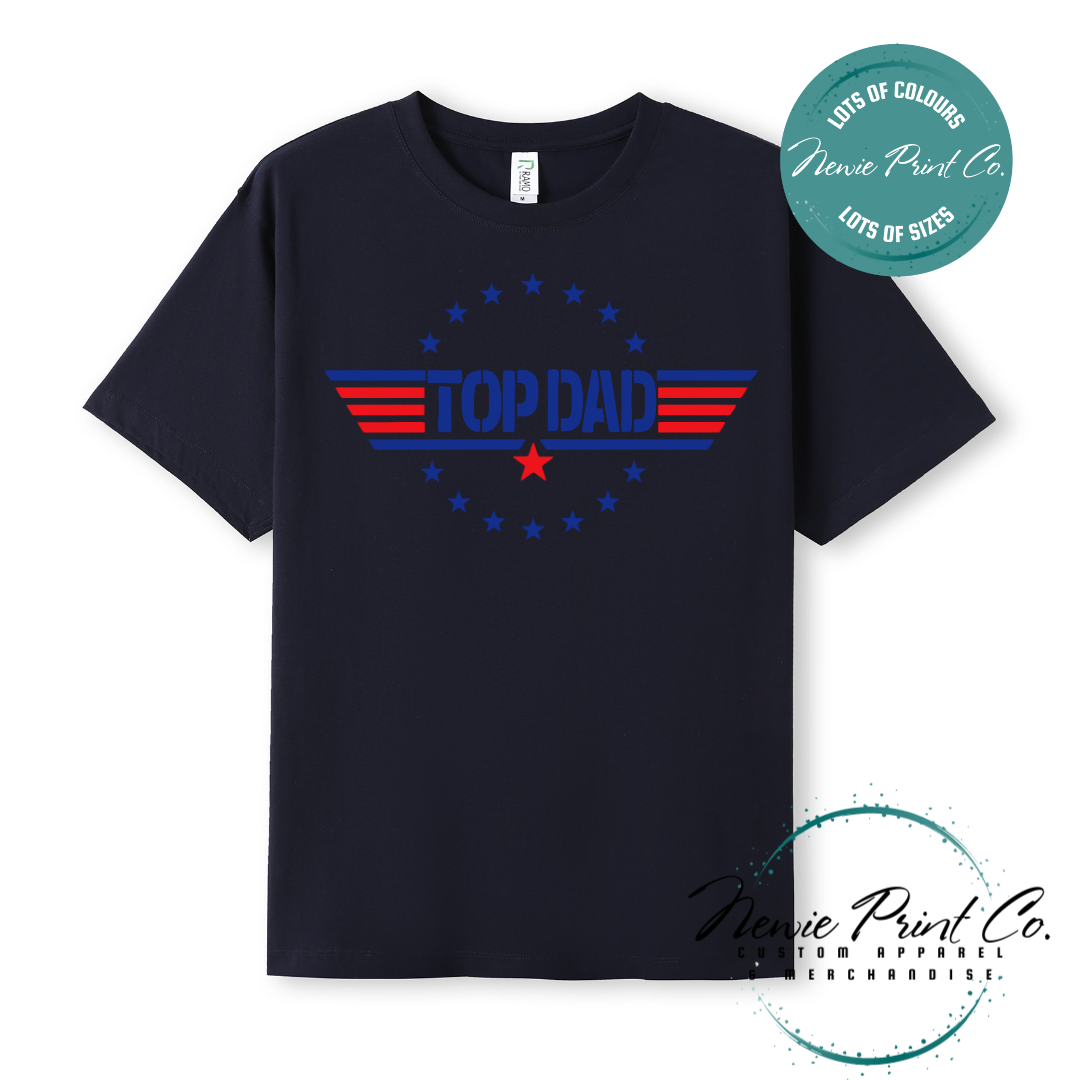 Customisable t-shirt and jumper with bold “Top Dad” text and optional personalised name or message. Printed on soft, high-quality cotton using durable DTF/DTG printing. Perfect gift for Father’s Day, birthdays, or new dads.