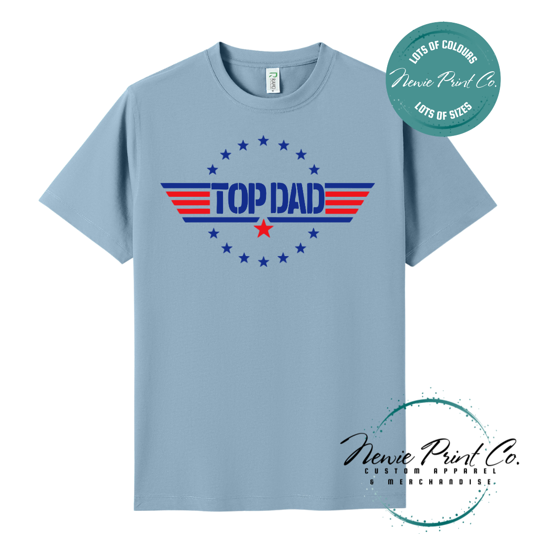 Customisable t-shirt and jumper with bold “Top Dad” text and optional personalised name or message. Printed on soft, high-quality cotton using durable DTF/DTG printing. Perfect gift for Father’s Day, birthdays, or new dads.