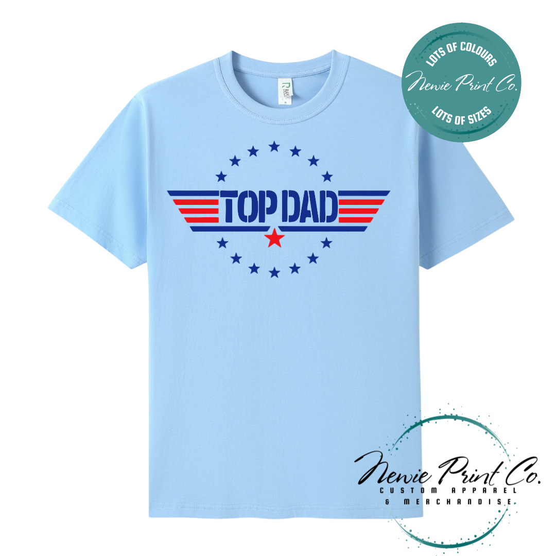 Customisable t-shirt and jumper with bold “Top Dad” text and optional personalised name or message. Printed on soft, high-quality cotton using durable DTF/DTG printing. Perfect gift for Father’s Day, birthdays, or new dads.